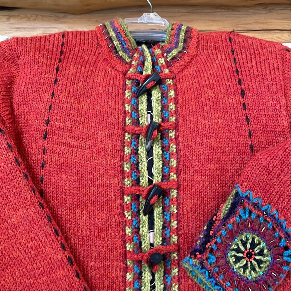 Handcrafted Red Wool Jacket with Multicolor Accents - Picture 2 of 12